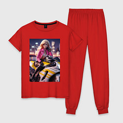 Пижама хлопковая женская Barbie on a Kawasaki sports motorcycle, цвет: красный