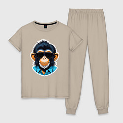 Пижама хлопковая женская Портрет обезьяны в темных очках, цвет: миндальный