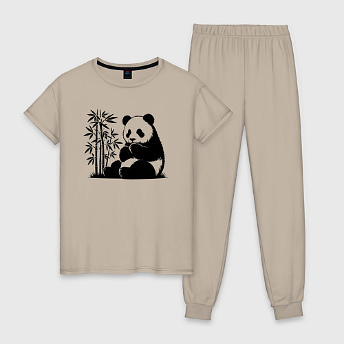 Женская пижама Сидящая чёрная панда рядом с бамбуком / Миндальный – фото 1
