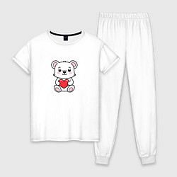 Пижама хлопковая женская Белый медвежонок с сердечком, цвет: белый
