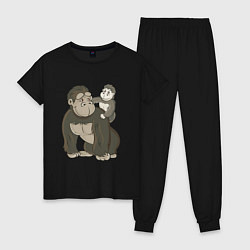 Пижама хлопковая женская Мультяшная горилла с детенышем, цвет: черный