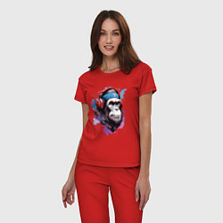 Пижама хлопковая женская Шимпанзе в наушниках, цвет: красный — фото 2