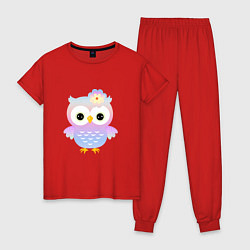Пижама хлопковая женская Милая Сова разноцветная, цвет: красный