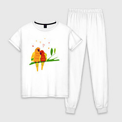 Пижама хлопковая женская Пара влюбленных попугаев на ветке, цвет: белый
