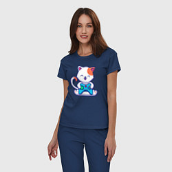 Пижама хлопковая женская Котик с джойстиком, цвет: тёмно-синий — фото 2
