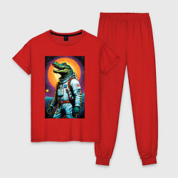 Пижама хлопковая женская Крокодил космонавт - нейросеть, цвет: красный