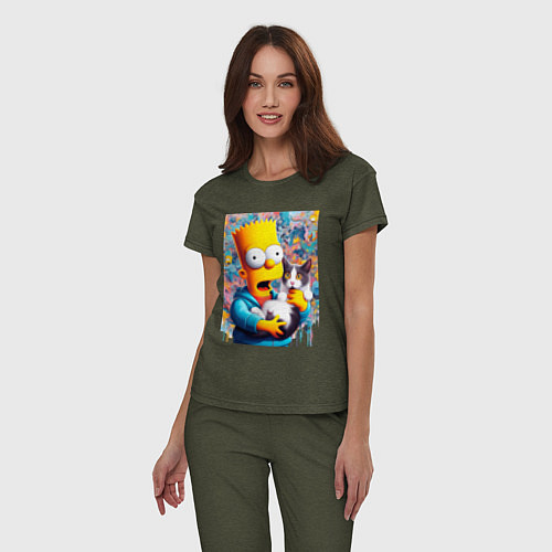 Женская пижама Bart Simpson with a kitten - ai art / Меланж-хаки – фото 3