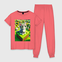 Пижама хлопковая женская Funny kitten - Minecraft ai art, цвет: коралловый