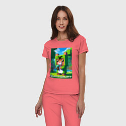 Пижама хлопковая женская Capybara and Minecraft collaboration - ai art, цвет: коралловый — фото 2