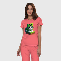 Пижама хлопковая женская Kitten creeper collaboration - ai art, цвет: коралловый — фото 2
