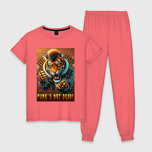 Женская пижама Punks not dead - motto tiger / Коралловый – фото 1