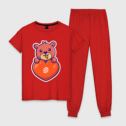 Пижама хлопковая женская Медовый мишка с сердцем, цвет: красный