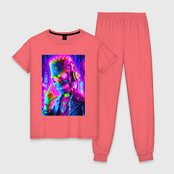 Пижама хлопковая женская Cyber skeleton of Bart Simpson - neon glow, цвет: коралловый