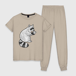 Пижама хлопковая женская Енотик с яблоком, цвет: миндальный