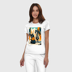 Пижама хлопковая женская Кот и девочка гуляют на своём районе - нейросеть, цвет: белый — фото 2