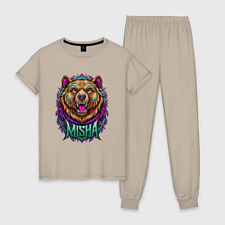 Пижама хлопковая женская Свирепый медведь с надписью, цвет: миндальный