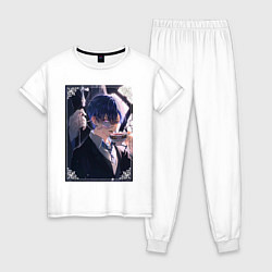 Пижама хлопковая женская Тёмный дворецкий Сиэль Фантомхайв пьет чай, цвет: белый