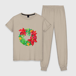 Пижама хлопковая женская Новогодний венок из плюща и пуансеттии, цвет: миндальный