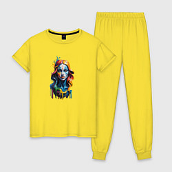 Пижама хлопковая женская Портрет арт маслом девушка с голубыми каплями, цвет: желтый
