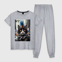 Пижама хлопковая женская Кот панк с разноцветным хаером - Нью-Йорк, цвет: меланж