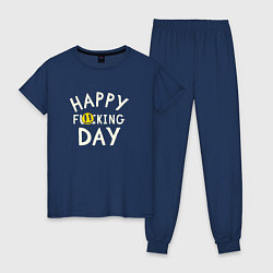 Пижама хлопковая женская Happy f**king day - надпись и смайл, цвет: тёмно-синий