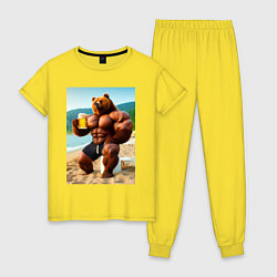 Пижама хлопковая женская Медведь бодибилдер с кружкой пива на пляже - нейро, цвет: желтый