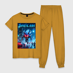 Пижама хлопковая женская Ёжик монстр в ночном мегаполисе - неоновое свечени, цвет: горчичный