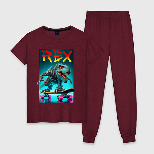 Женская пижама Tyrannosaur rex on a skateboard - ai art fantasy / Меланж-бордовый – фото 1