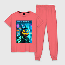 Пижама хлопковая женская Totoro with a pumpkin head - halloween fantasy, цвет: коралловый