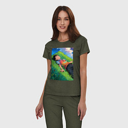 Пижама хлопковая женская Аниме мальчик на траве, цвет: меланж-хаки — фото 2