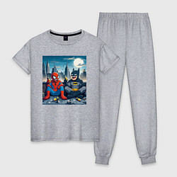 Пижама хлопковая женская Человек паук и Бэтмен пьют пиво на крыше небоскрёб, цвет: меланж