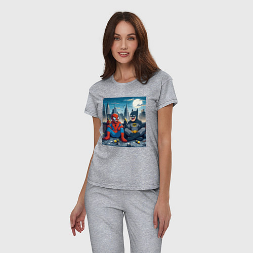 Женская пижама Человек паук и Бэтмен пьют пиво на крыше небоскрёб / Меланж – фото 3