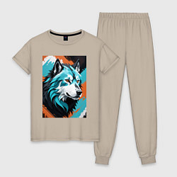 Пижама хлопковая женская Серо-голубой волк, цвет: миндальный