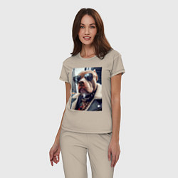 Пижама хлопковая женская Чувак питбуль в тёмных очках, цвет: миндальный — фото 2