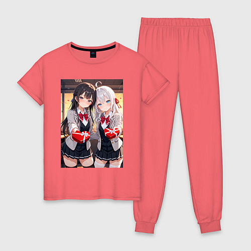 Женская пижама Аля и Маша дарят тебе валентинки / Коралловый – фото 1