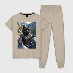 Пижама хлопковая женская Кот за рулем кабролета, цвет: миндальный