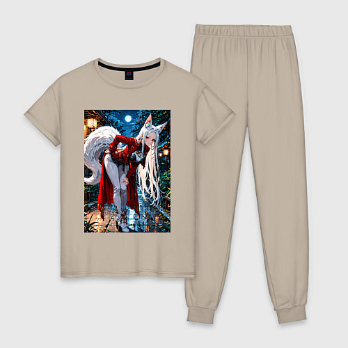 Женская пижама Белоснежная лиса лунной ночью / Миндальный – фото 1