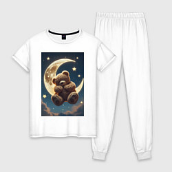 Пижама хлопковая женская Плюшевый мишка сидит на Луне, цвет: белый