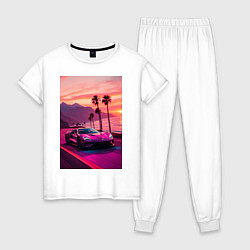Пижама хлопковая женская Суперкар едет около океана, цвет: белый
