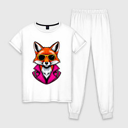 Пижама хлопковая женская Лиса в очках и розовой куртке, цвет: белый