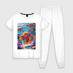 Пижама хлопковая женская Рыбка клоун плавает с черепахами, цвет: белый