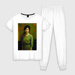 Пижама хлопковая женская Девушка молодая у гобелена, цвет: белый
