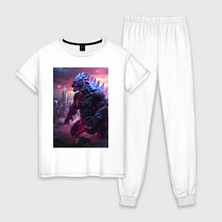 Пижама хлопковая женская Годзилла посреди мегаполиса, цвет: белый