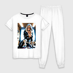 Пижама хлопковая женская Черная кошка в комнате, цвет: белый