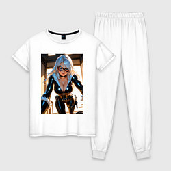 Пижама хлопковая женская Черная кошка в комнате, цвет: белый