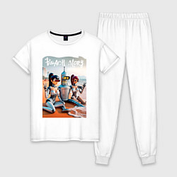 Пижама хлопковая женская Бендер с двумя подругами на летнем пляже, цвет: белый