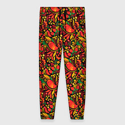 Женские брюки Желтые и красные цветы, птицы и ягоды хохлома