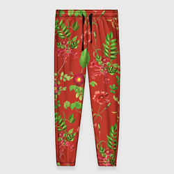 Женские брюки Паттерн из листьев на красном фоне