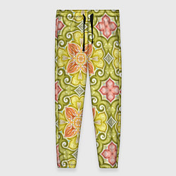 Женские брюки Зеленые узоры и оранжевые цветы