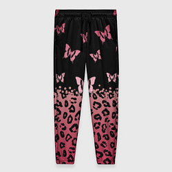 Женские брюки Леопардовый паттерн и бабочки на пурпурно-черном ф